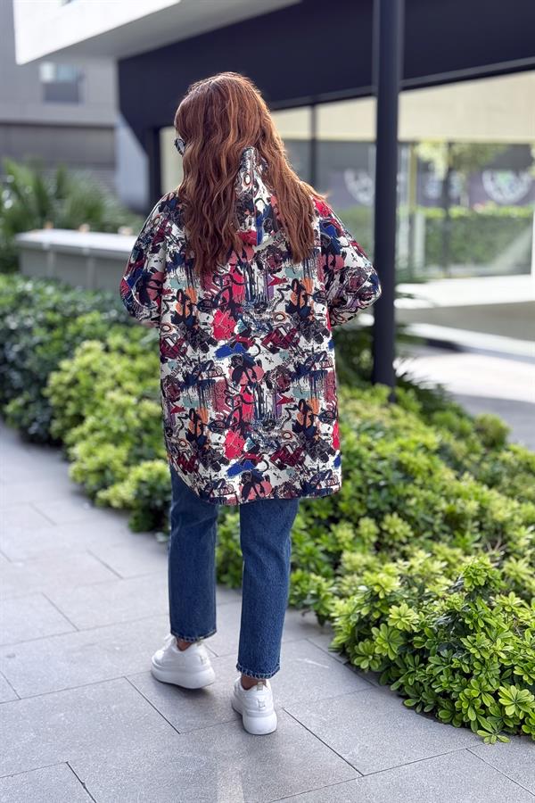 Renkli Desenleri Farklı Ceket Kırmızı Renk