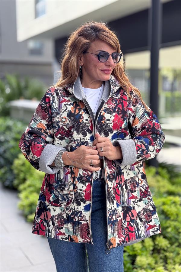 Renkli Desenleri Farklı Ceket Kırmızı Renk