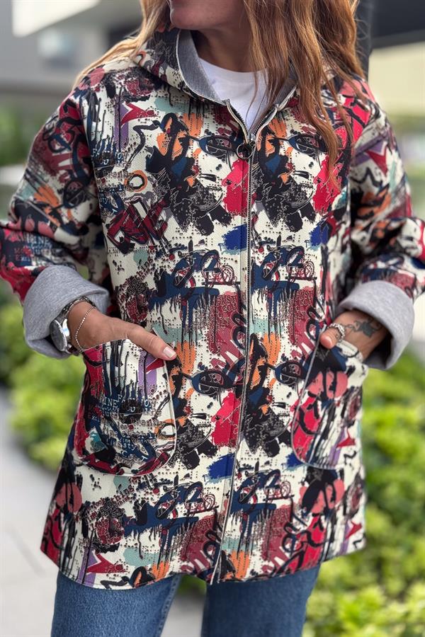 Renkli Desenleri Farklı Ceket Kırmızı Renk