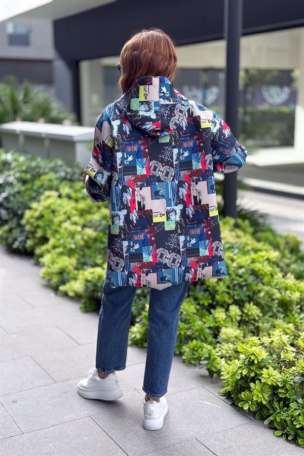 Renkli Desenleri Farklı Ceket Mavi Renk