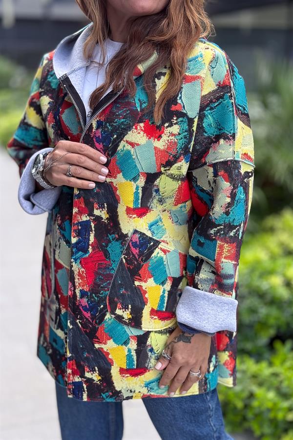 Renkli Desenleri Farklı Ceket Nefti Yeşil Renk