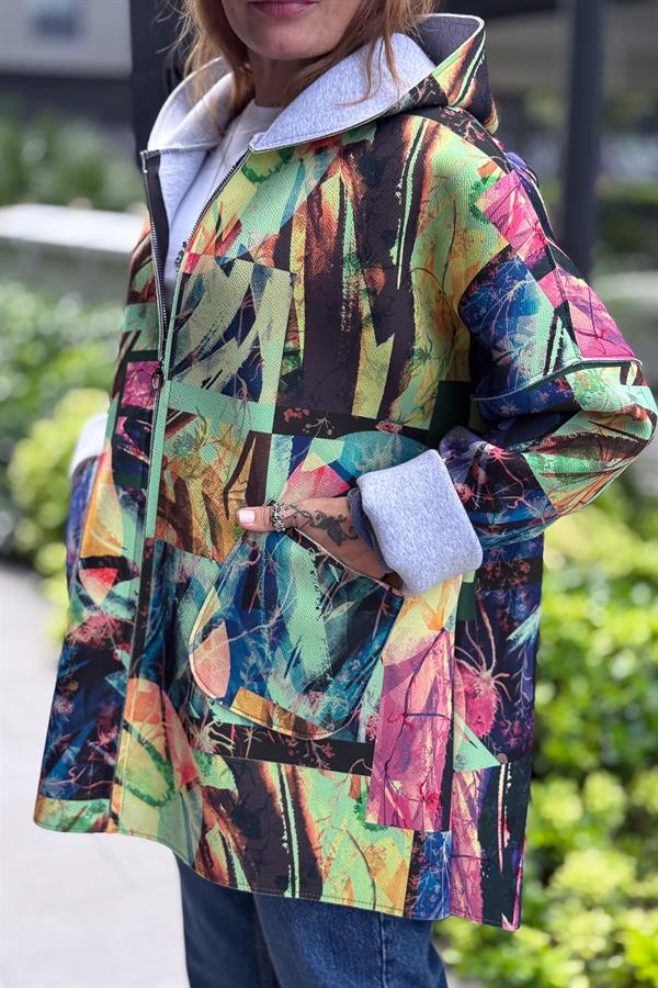 Renkli Desenleri Farklı Ceket Neon Sarı Renk