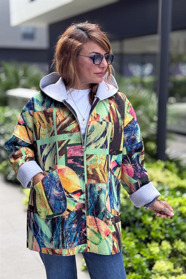 Renkli Desenleri Farklı Ceket Neon Sarı Renk