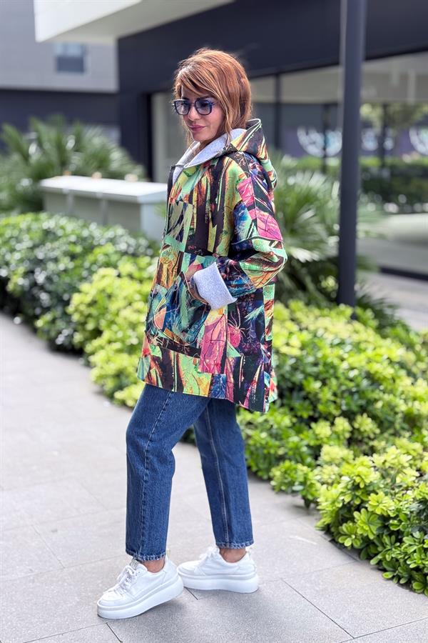 Renkli Desenleri Farklı Ceket Neon Sarı Renk