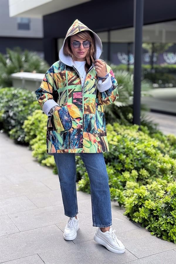 Renkli Desenleri Farklı Ceket Neon Sarı Renk