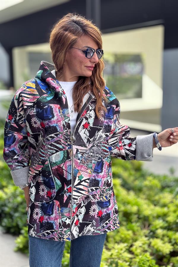 Renkli Desenleri Farklı Ceket Pembe Renk