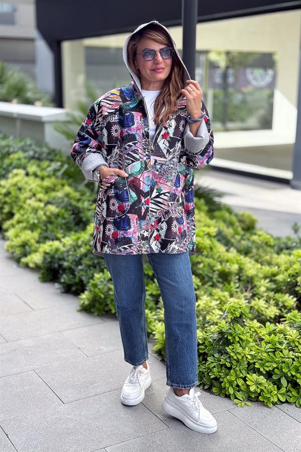 Renkli Desenleri Farklı Ceket Pembe Renk