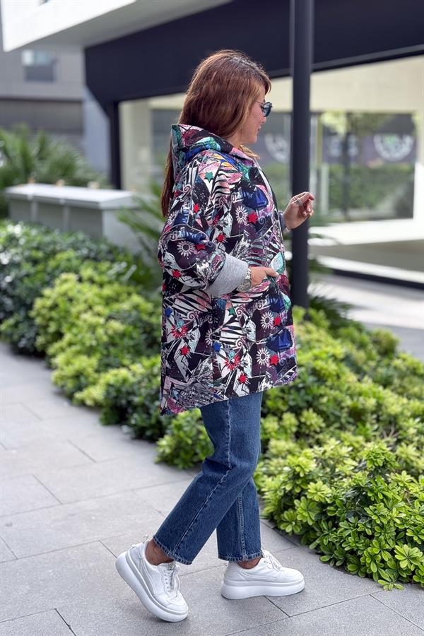 Renkli Desenleri Farklı Ceket Pembe Renk