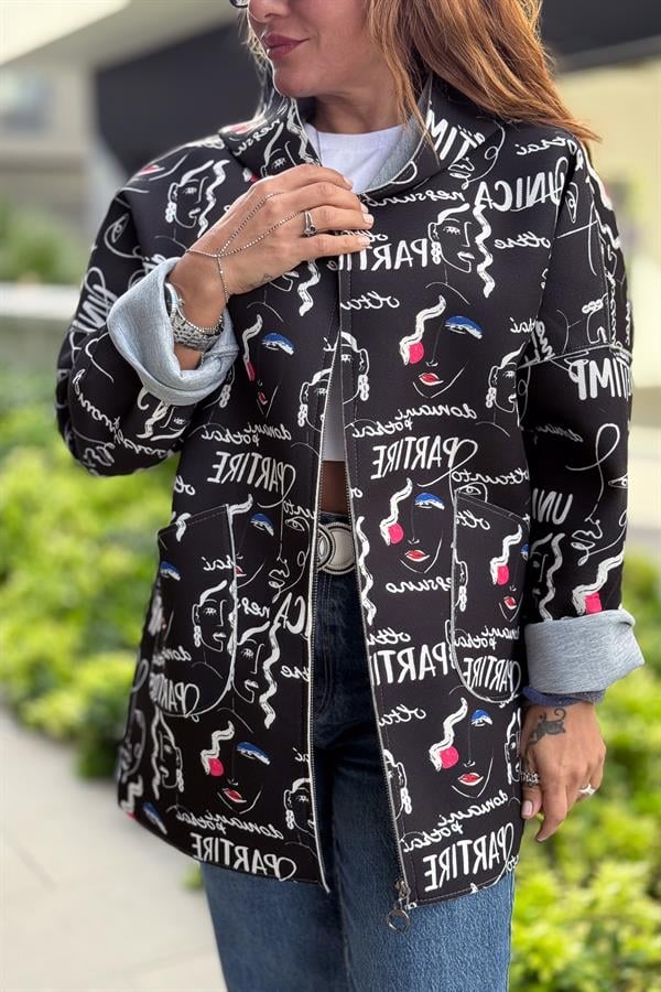 Renkli Desenleri Farklı Ceket Siyah Renk
