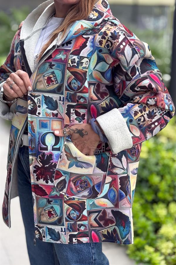 Renkli Desenleri Farklı Ceket Turkuaz Renk