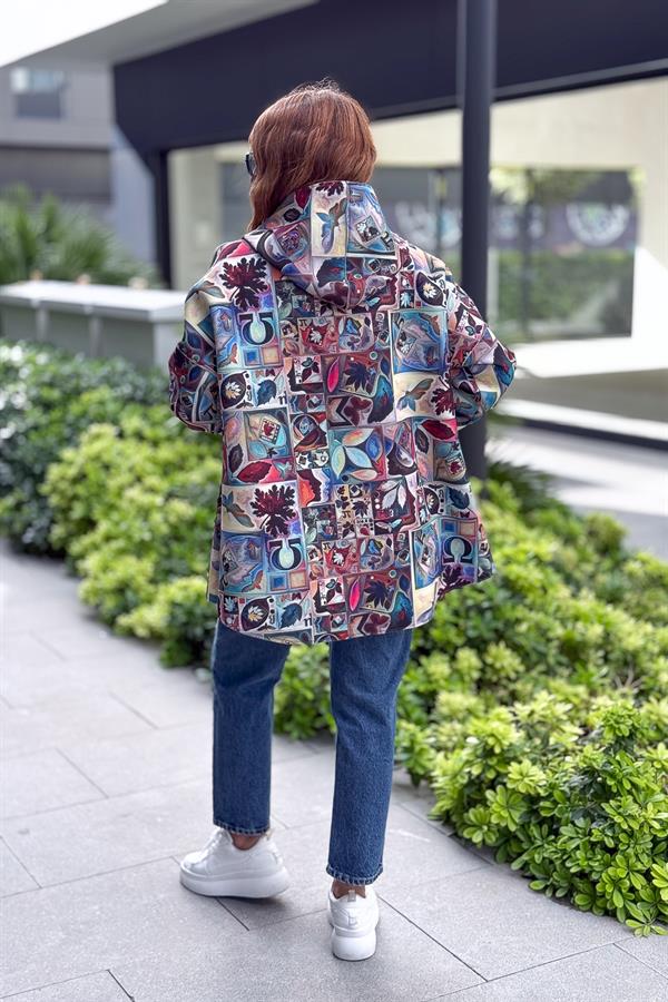 Renkli Desenleri Farklı Ceket Turkuaz Renk