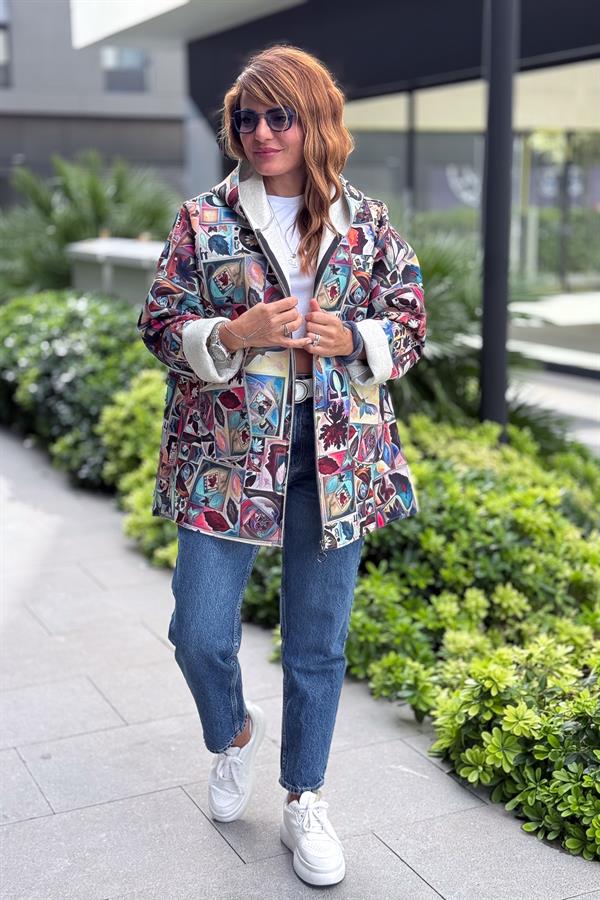 Renkli Desenleri Farklı Ceket Turkuaz Renk