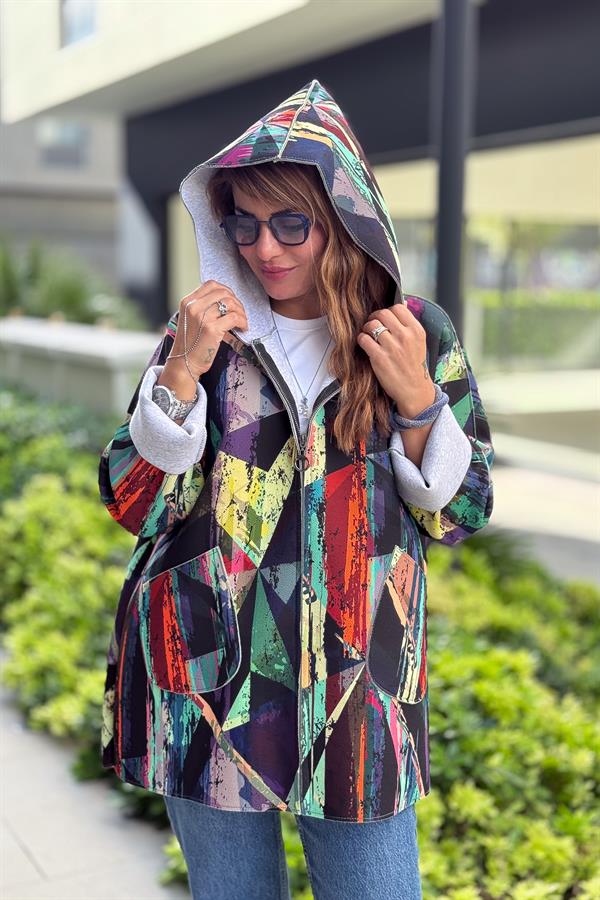 Renkli Desenleri Farklı Ceket Yeşil Renk