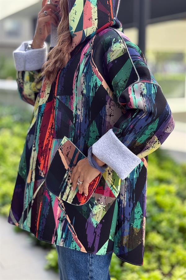 Renkli Desenleri Farklı Ceket Yeşil Renk