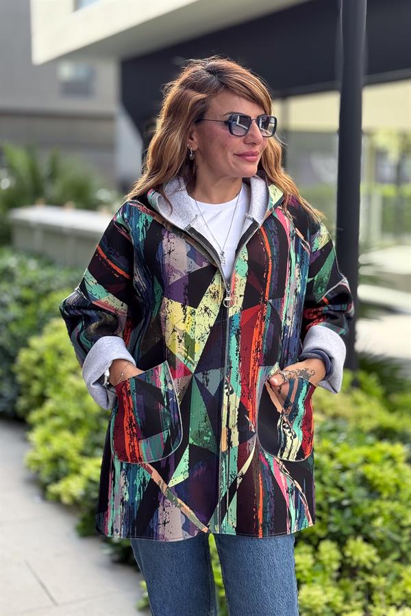 Renkli Desenleri Farklı Ceket Yeşil Renk