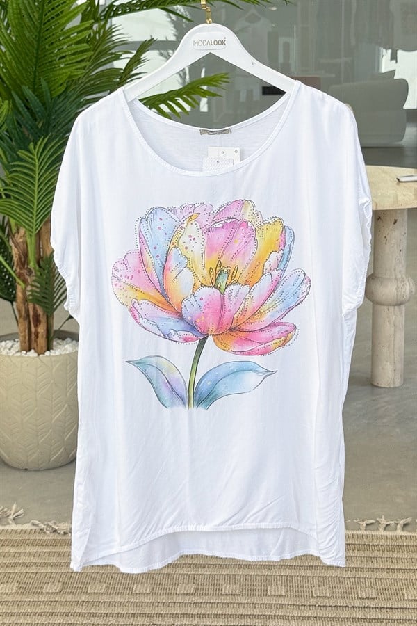 Renkli Gül Desenli Viskon Tshirt Pembe RenkBLUZ