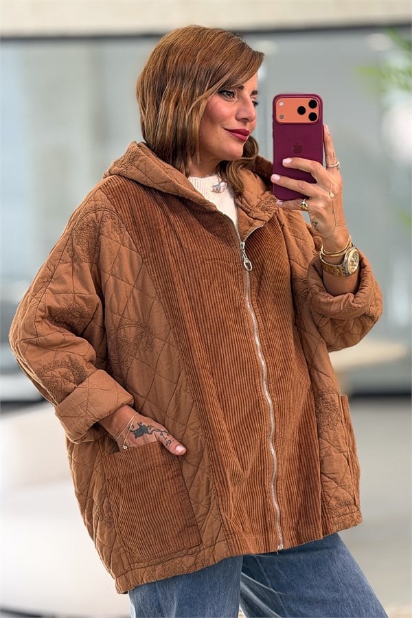 Şal Desen Nakış İşlemeli Kadife Yamalı Kapitone Ceket Camel RenkCEKET