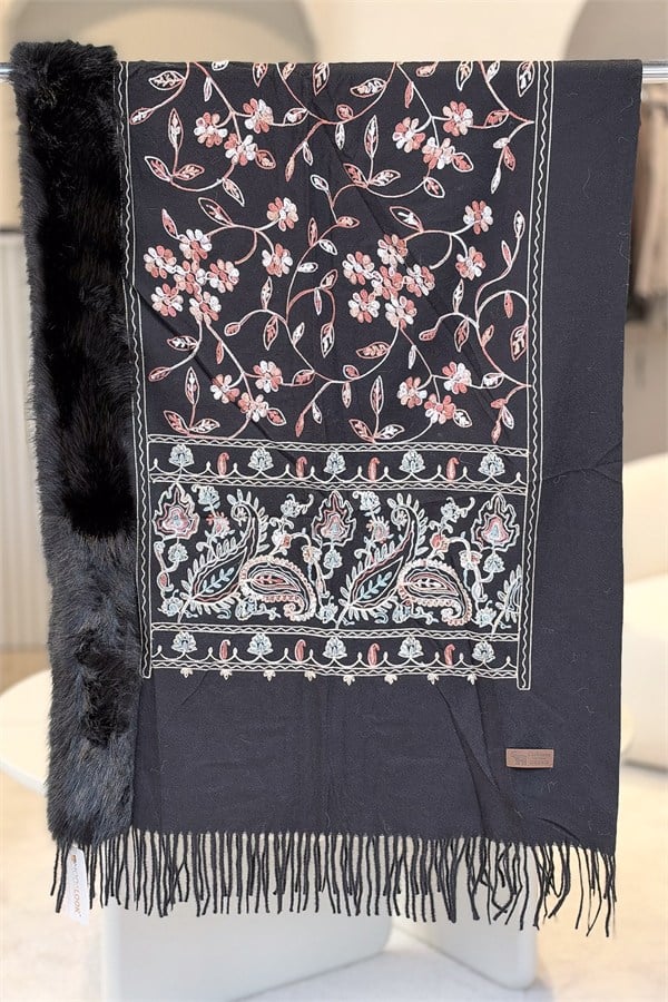 Şal Desen Nakış İşlemeli Kürklü Şal Siyah Renk
