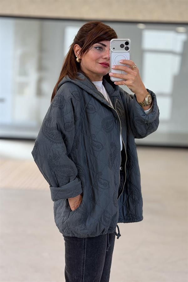 Şal Desenli Kapitone Ceket Antresit Renk