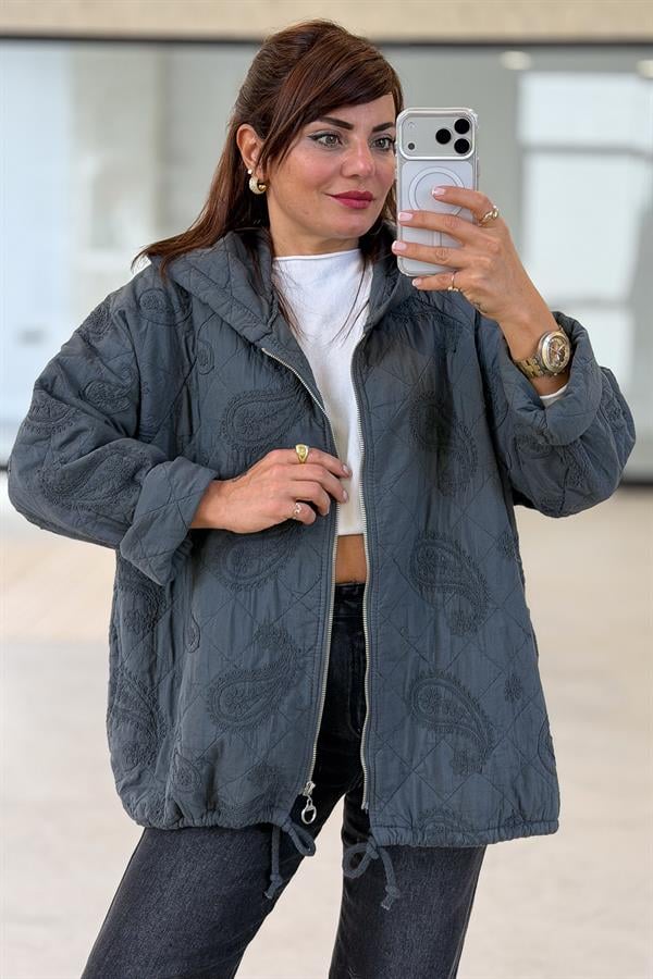 Şal Desenli Kapitone Ceket Antresit Renk