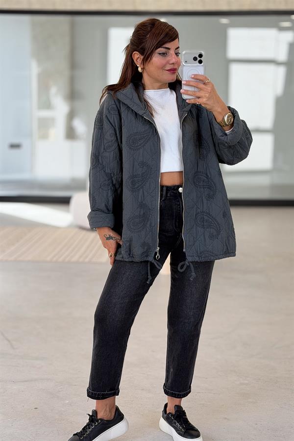 Şal Desenli Kapitone Ceket Antresit Renk