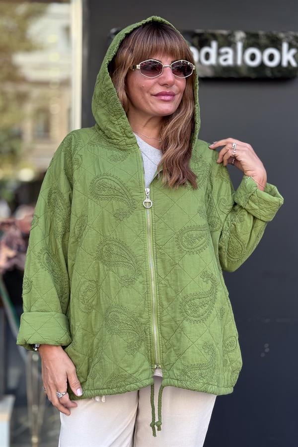 Şal Desenli Kapitone Ceket Fıstık Yeşil Renk