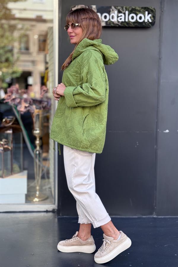 Şal Desenli Kapitone Ceket Fıstık Yeşil Renk