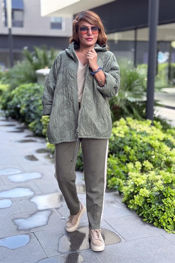 Şal Desenli Kapitone Ceket Haki Renk