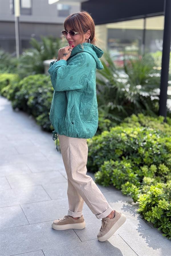 Şal Desenli Kapitone Ceket Petrol Yeşili Renk