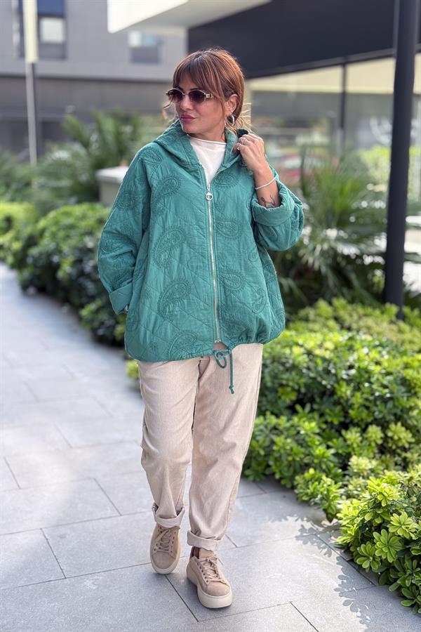 Şal Desenli Kapitone Ceket Petrol Yeşili Renk