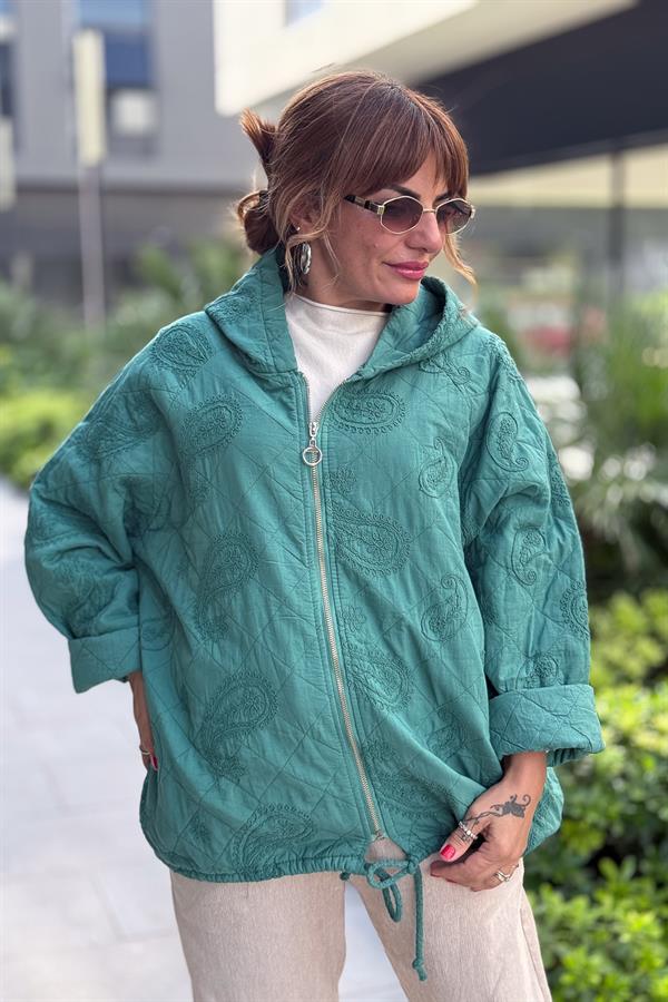 Şal Desenli Kapitone Ceket Petrol Yeşili Renk