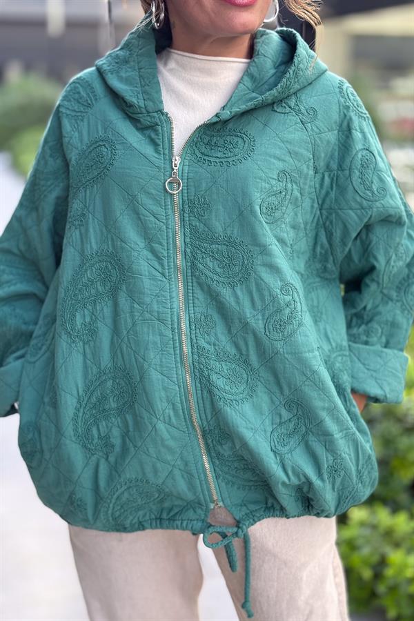 Şal Desenli Kapitone Ceket Petrol Yeşili Renk