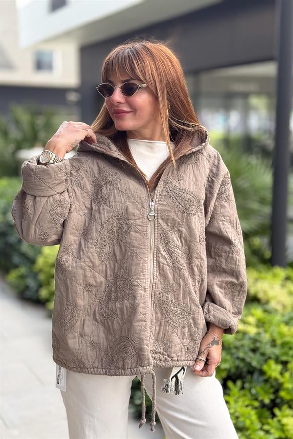 Şal Desenli Kapitone Ceket Vizon Renk