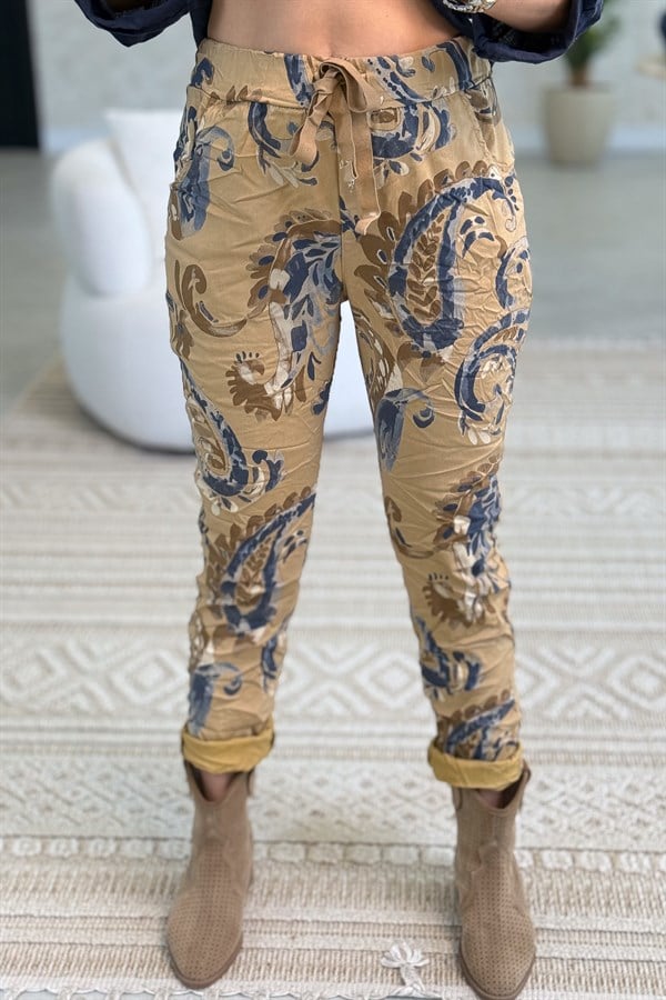 Şal Desenli Likralı Pantolon Camel Renk