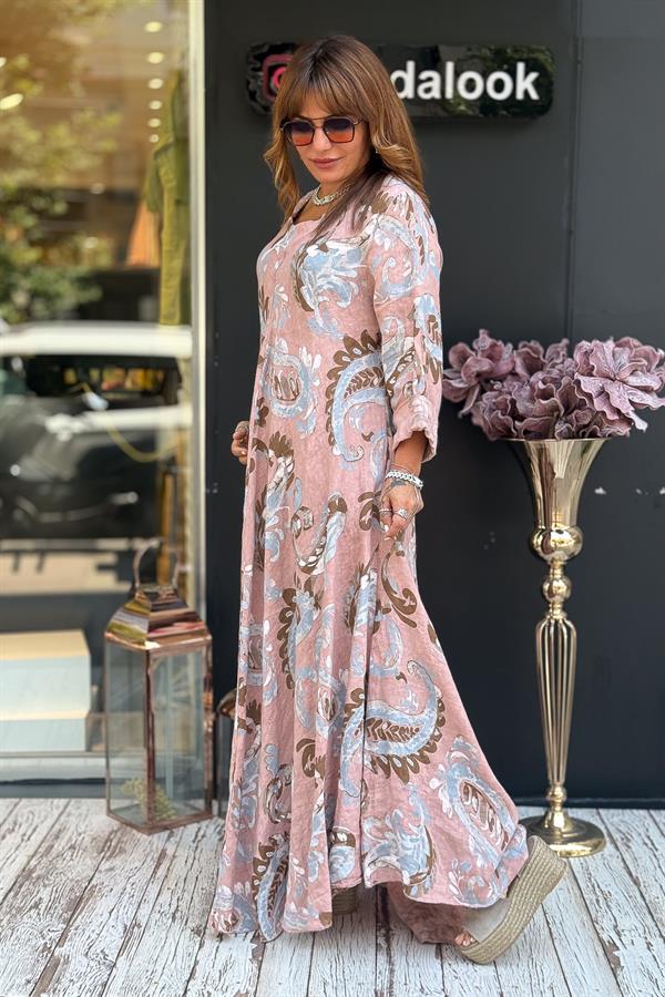 Şal Desenli V Yaka Uzunkol Kiloş Keten Elbise Pudra Renk