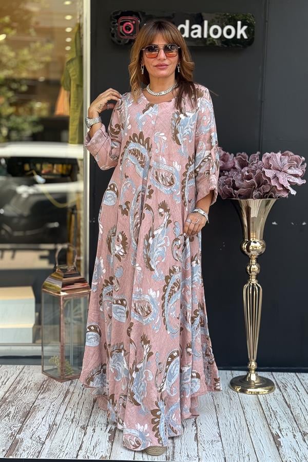 Şal Desenli V Yaka Uzunkol Kiloş Keten Elbise Pudra Renk