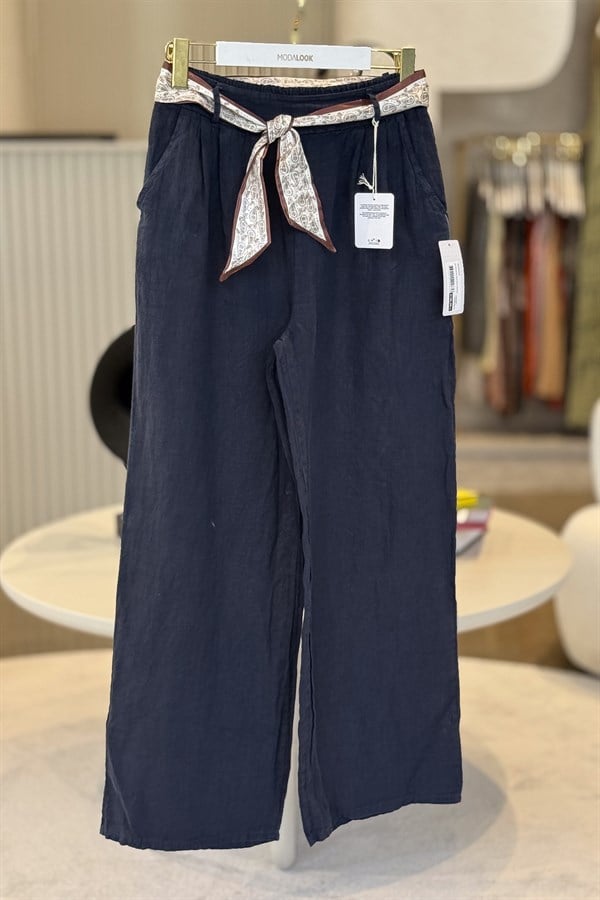 Şal Kemerli Bol Paça Keten Pantolon Lacivert RenkPANTOLON
