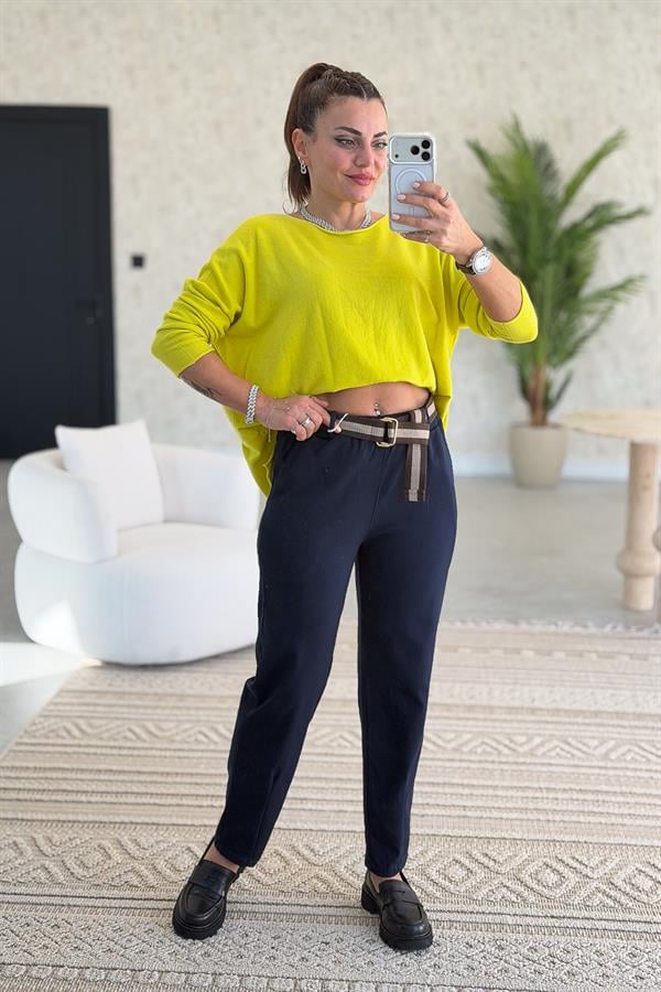 Şerit Kemerli Düz Basic Kanvas Likralı Pantolon Lacivert Renk