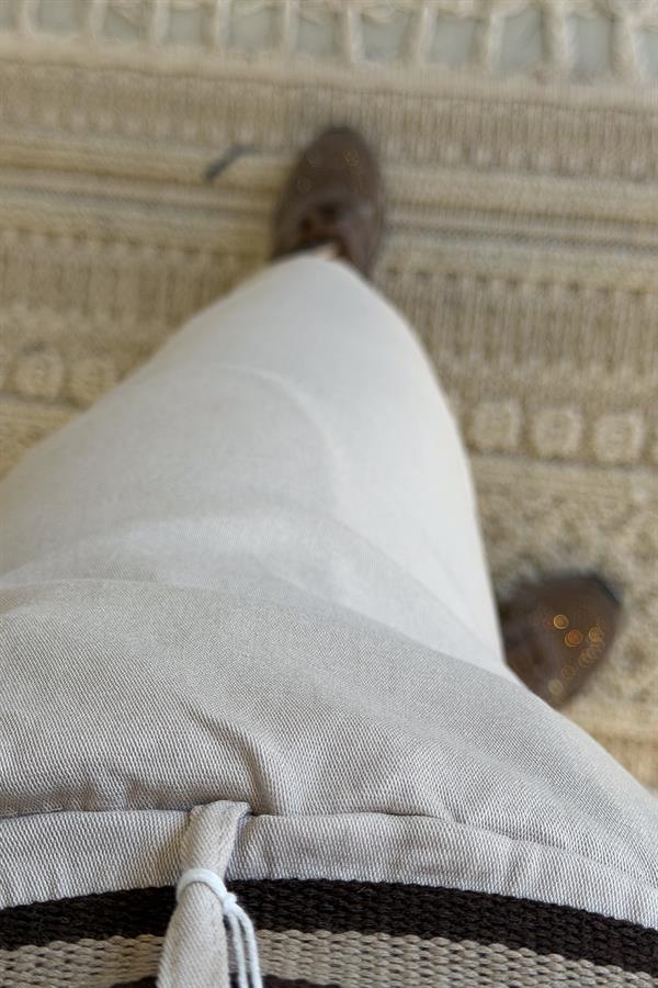 Şerit Kemerli Düz Basic Kanvas Likralı Pantolon Bej Renk