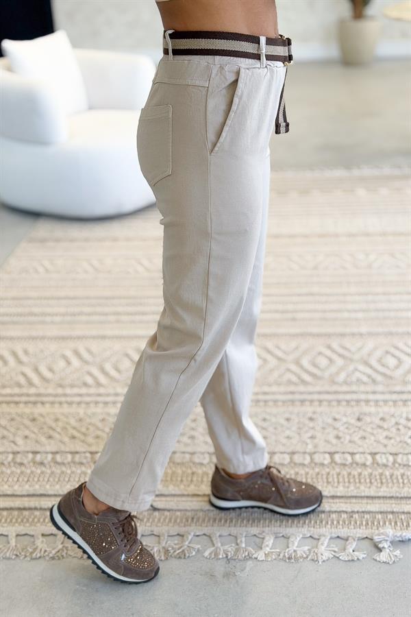 Şerit Kemerli Düz Basic Kanvas Likralı Pantolon Bej Renk