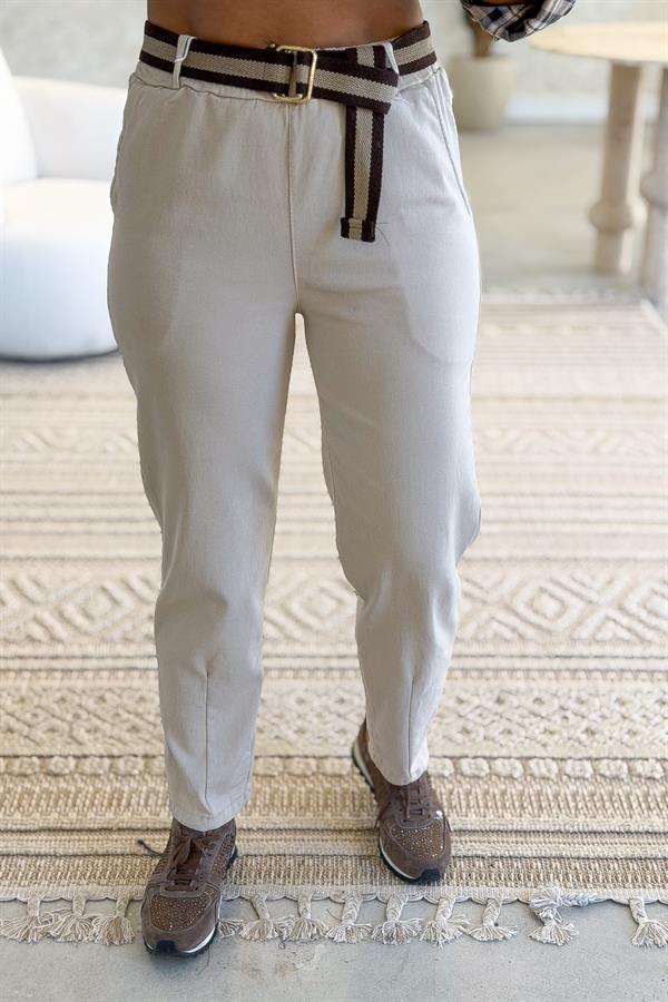 Şerit Kemerli Düz Basic Kanvas Likralı Pantolon Bej Renk