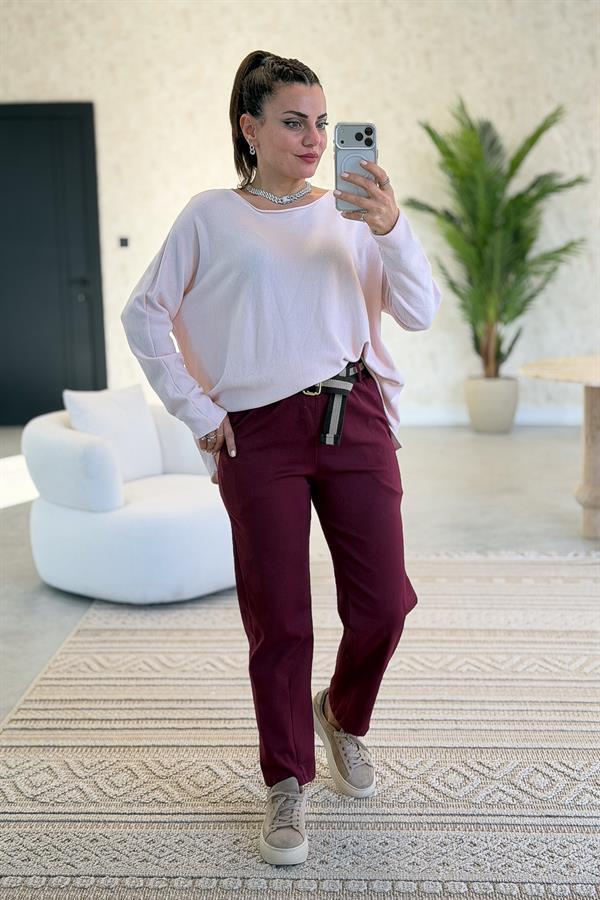 Şerit Kemerli Düz Basic Kanvas Likralı Pantolon Bordo Renk