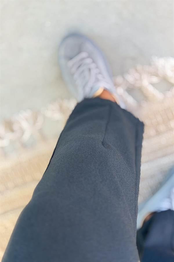 Şerit Kemerli Düz Basic Kanvas Likralı Pantolon Antresit Renk