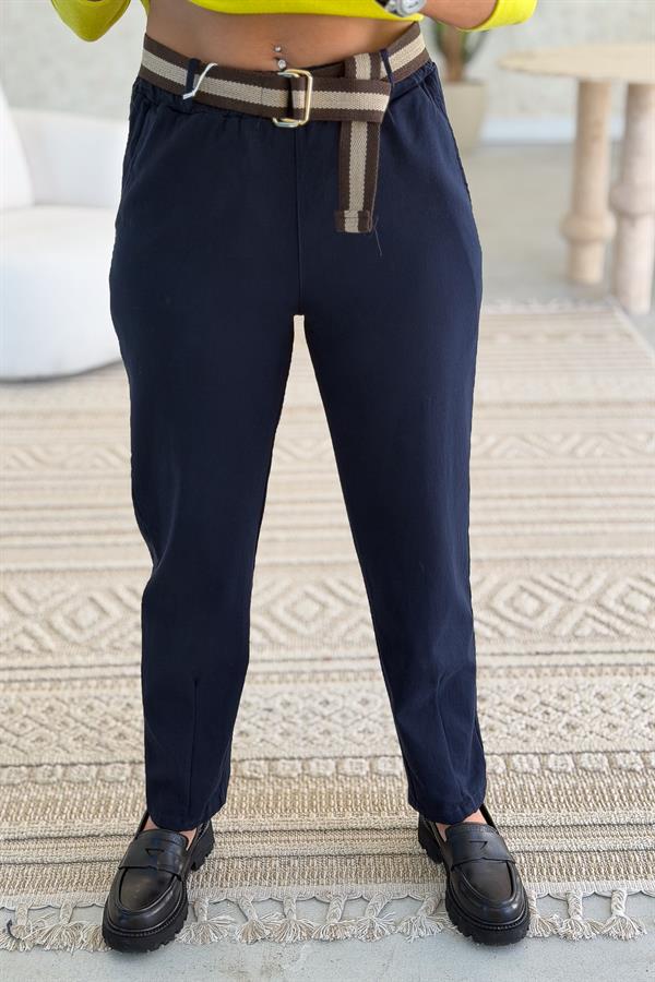Şerit Kemerli Düz Basic Kanvas Likralı Pantolon Lacivert Renk