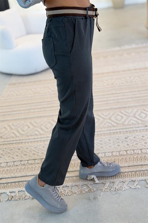 Şerit Kemerli Düz Basic Kanvas Likralı Pantolon Antresit Renk