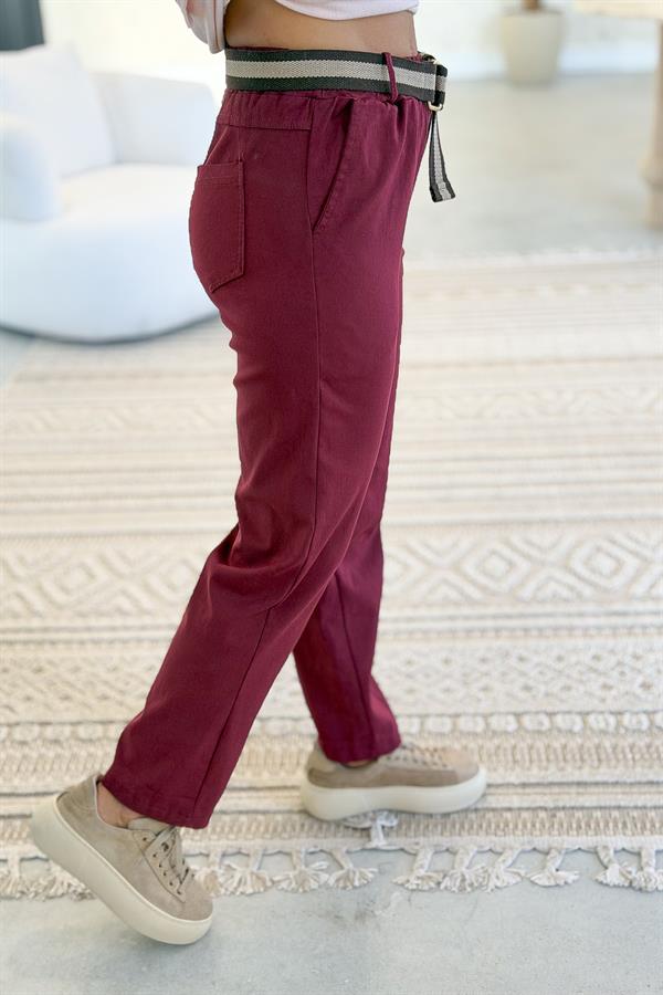 Şerit Kemerli Düz Basic Kanvas Likralı Pantolon Bordo Renk