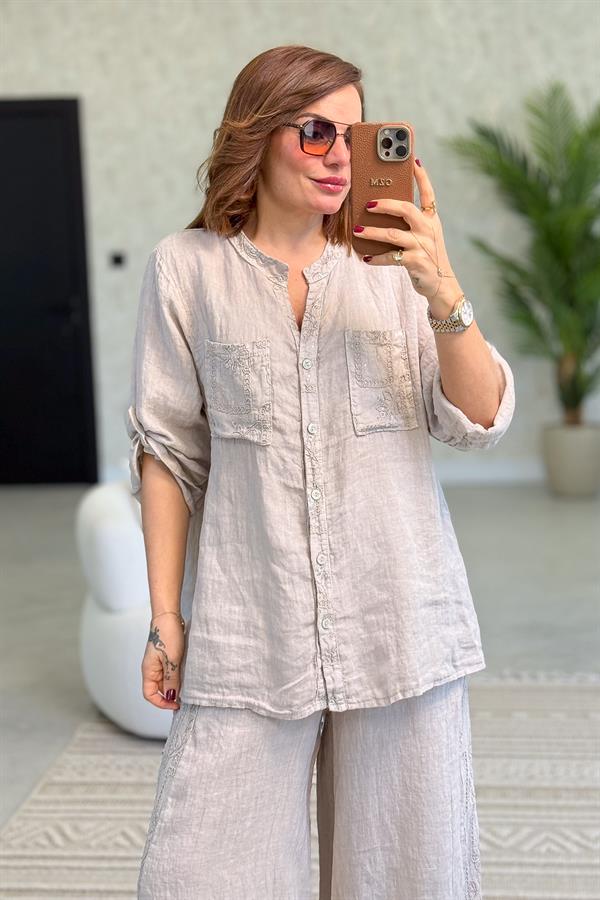 Şerit Pul Ve Çiçek Kabartmalı Gömlekli Alt Üst Keten Takım Bej Renk