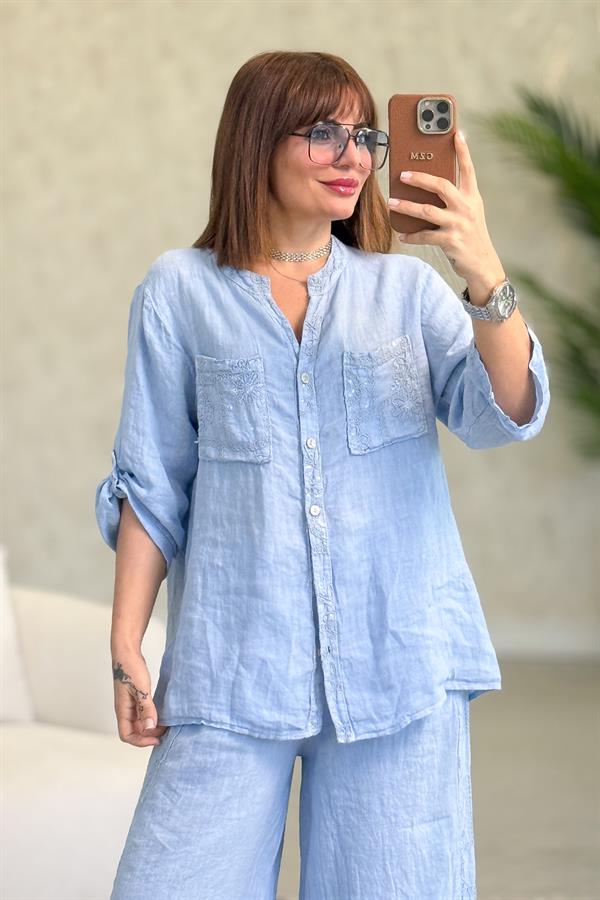 Şerit Pul Ve Çiçek Kabartmalı Gömlekli Alt Üst Keten Takım Bebe Mavi Renk