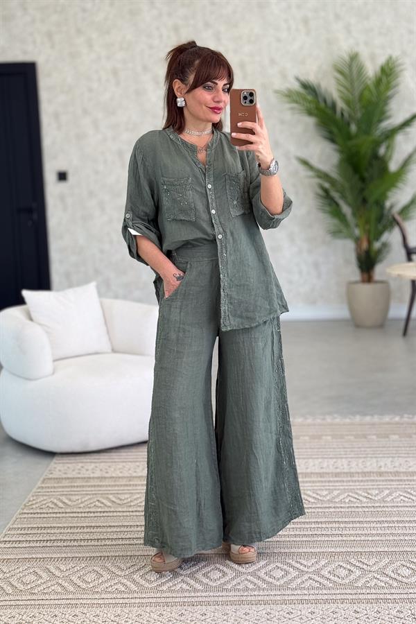 Şerit Pul Ve Çiçek Kabartmalı Gömlekli Alt Üst Keten Takım Haki Renk