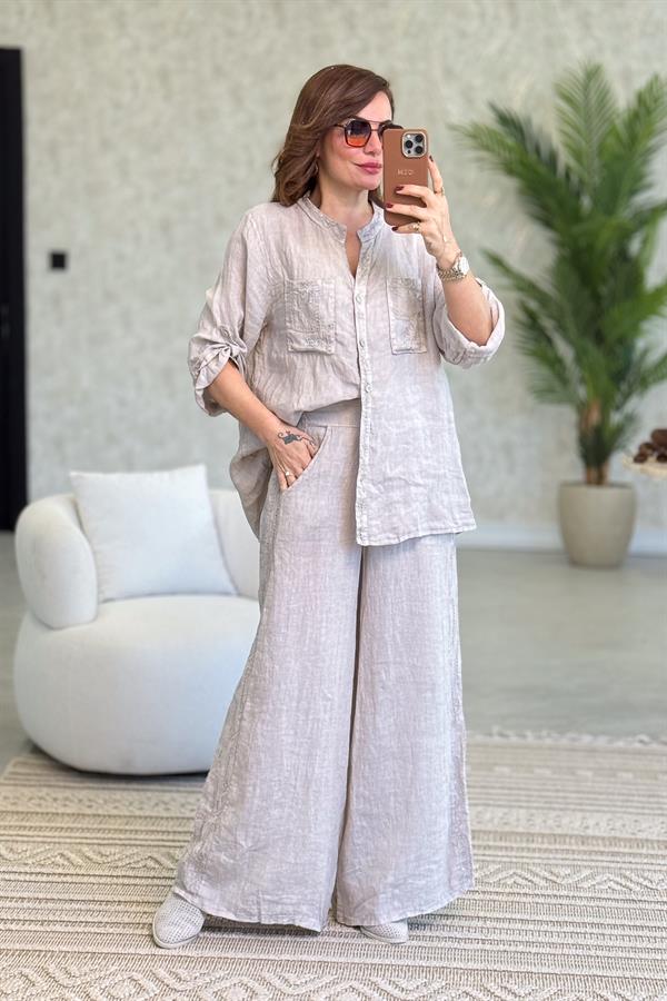 Şerit Pul Ve Çiçek Kabartmalı Gömlekli Alt Üst Keten Takım Bej Renk